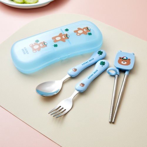 올인원 숟가락 교정젓가락 포크 세트(수저통포함)_럭키베어_현우_KI0725008