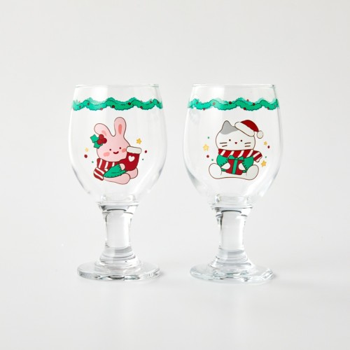 크리스마스 밀크캣 스크래빗 유리 고블렛잔 380ML 2P SET_KT9124007