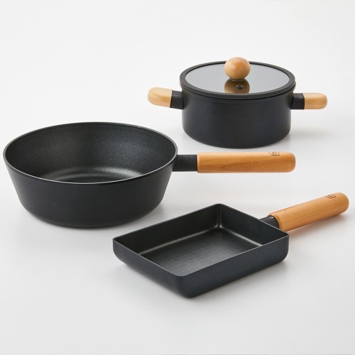 ON 까망 우드핸들 냄비 프라이팬 3P 세트(양수냄비 18cm+ 웍 24cm + 계란말이 13*18cm)_CK0123014